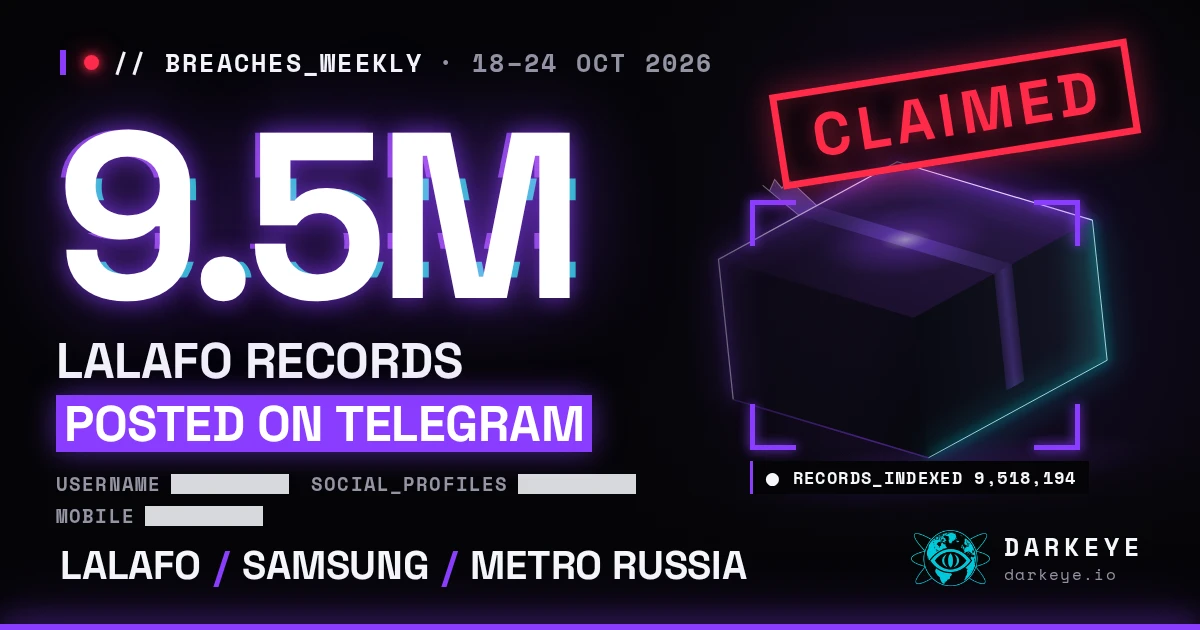 Breaches Weekly cover, 18–24 Oct 2026: 9.5M claimed Lalafo records, with Samsung and METRO Russia named below.